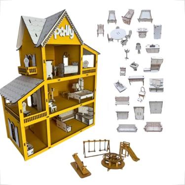 Imagem de Kit Infantil Casa Casinha de Boneca Em Mdf Pintado Amarelo + 30 Mini Móveis + Parquinho