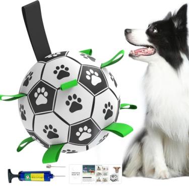 Imagem de Amasiver Bolas de brinquedo para cães, brinquedos interativos para cães para cabo de guerra, bola de futebol para cães de 15 cm com 9 tiras de nylon para ambientes internos e externos, brinquedos para