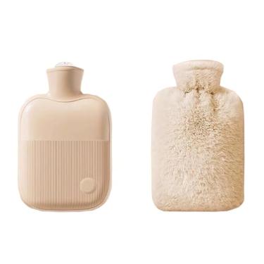 Imagem de Garrafa de água quente com tampa, bolsa de água quente de 1L para compressa quente e fria, aquecedor de pés de mão para capa de pelúcia de inverno - bege