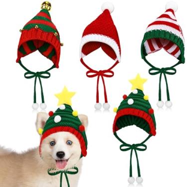 Imagem de Dansydaisy Pacote com 4 chapéus de Natal tricotados para cães de Papai Noel, gorro de crochê para elfos, fantasia de Halloween, Natal, quente, inverno, filhotes, gatos, gorro para festas de fim de