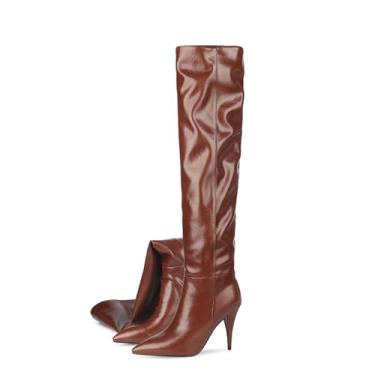 Imagem de Rock88 Botas femininas até a coxa, salto alto agulha acima do joelho com bico fino, botas altas de camurça primavera outono para encontros e festas, couro, vinho, 41