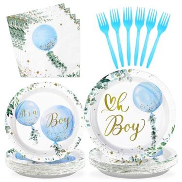 Imagem de Grencian 96 peças Oh Boy Aquarela Balão Azul Artigos de Festa Oh Meninos Pratos e Guardanapos Vegetação Descartável É Um Menino Chá de Bebê Utensílios de Mesa para Aniversário Meninos Decorações de