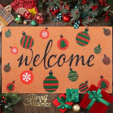 Imagem de Drydiet Capacho de Natal Coir Porta de Boas-vindas de Natal 45,7 x 76,6 cm Capacho Merry Christmas Farmhouse Tapetes de porta com borracha antiderrapante para porta da frente da casa (estilo bola de