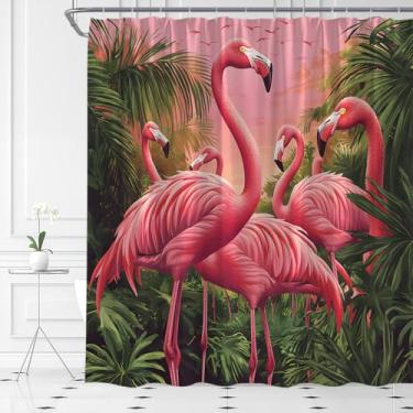 Imagem de AYDSMYD Cortina de chuveiro flamingo rosa floresta tropical animal selva planta palmeira tecido casa decoração conjunto inclui ganchos, 177.8 cm WX70 H