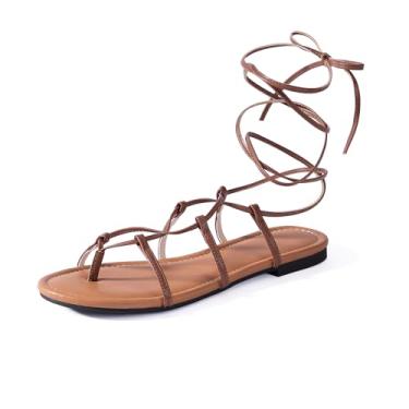 Imagem de Sandália feminina gladiadora elegante verão tiras romanas femininas com cadarço de couro liso tira no tornozelo fofa confortável casual, Marrom, 40