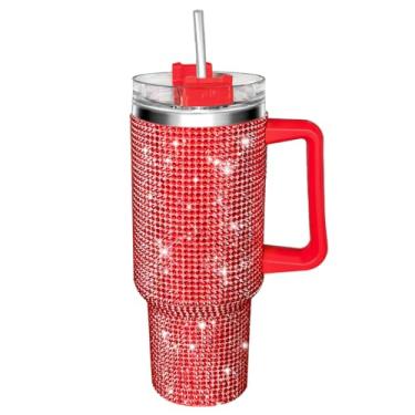 Imagem de HWISDMIG Copo de 1,134 g com alça cravejada com tampa e canudo isolado aço inoxidável parede dupla copo de água caneca de viagem garrafa de água Tumblr para mulheres (vermelho)