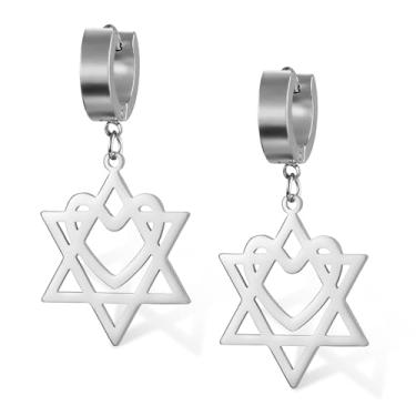 Imagem de VASSAGO Brincos femininos de estrela de Davi com pingente de estrela judaica com cruz de aço inoxidável brincos de estrela de seis pontas Israel religioso judeu Hanukkah joia presente, 1.02"*1.96",