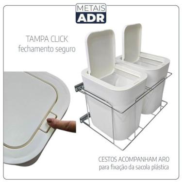 Imagem de Lixeira Dupla Aramada 24 Litros Preta Fixa Lateral Branca Tampa Click 