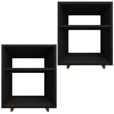 Imagem de Kit 2 Mesa Cabeceira Nicho Quarto 39x50x37 Preto Pés Amadeirados