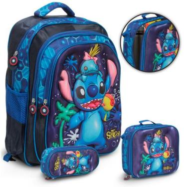 Imagem de Kit Mochila Infantil Stitch Costas Menino Menina Cor Azul - Plike, Sti