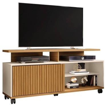Imagem de Rack Bancada Para Até 52 Pol. Com Rodízios 1 Porta Topázio Cinamomo/off White/ripado - Bechara