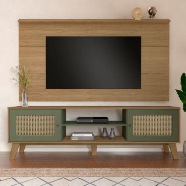 Imagem de Rack com Painel para TV Até 75 Polegadas Tauari C/ Suporte para TV 2 Portas Carvalho/Menta - Pnr Móveis