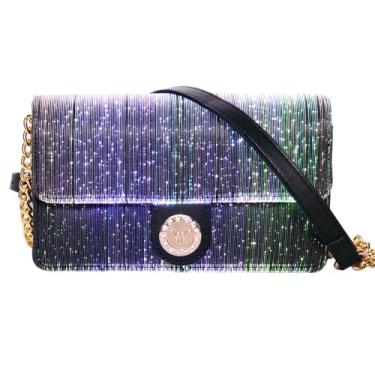 Imagem de lumisonata Bolsa tiracolo pequena acolchoada para mulheres, bolsa de ombro de LED, mini bolsas modernas de couro, preta, para noite, com glitter, com alça de corrente de metal, Preto