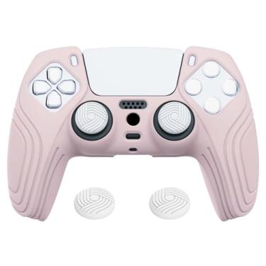 Imagem de eXtremeRate PlayVital Samurai Edition Cherry Blossoms rosa antiderrapante capa de silicone para ps5, capa protetora ergonômica de borracha macia para controle ps5 com tampas brancas para polegar
