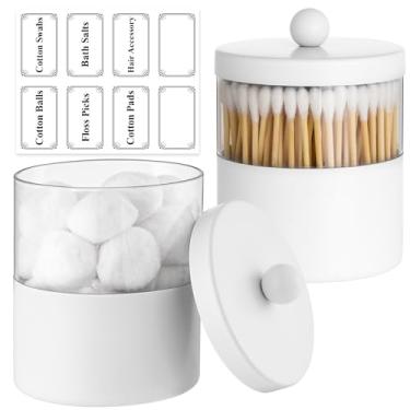 Imagem de Gaussra Potes brancos de boticário, suporte de ponta branca – jarra de banheiro de aço inoxidável com adesivos – Dispensador Qtip de decoração de fazenda para Qtips, bolas de algodão, cotonetes