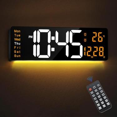 Imagem de Mee 2ou Relógio de parede digital grande de LED de 40,6 cm com data e dia da semana, temperatura, alarme duplo e temporizador de luz noturna de 9 cores RGB contagem regressiva para sala de estar,