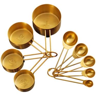 Imagem de Conjunto de copos e colheres de medição de aço inoxidável, 9 peças com marcas gravadas, seguro para alimentos, conjunto de medição dourado fácil de empilhar para assar e cozinhar