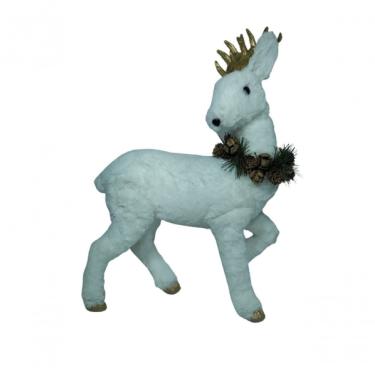 Imagem de Rena Branca Em Pé Com Guirlanda Verde De Pinha No Pescoço - Bc923