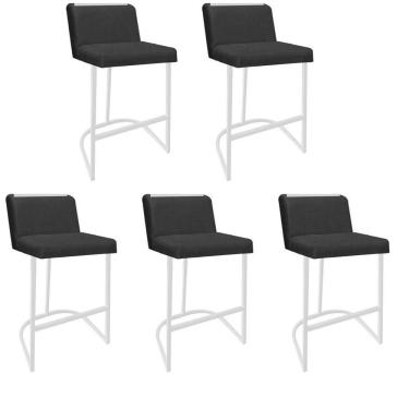 Imagem de Kit 05 Banquetas Com Encosto Confort Bistrô Cozinha Ferro Branco Linho Grafite Chumbo Amey Decor