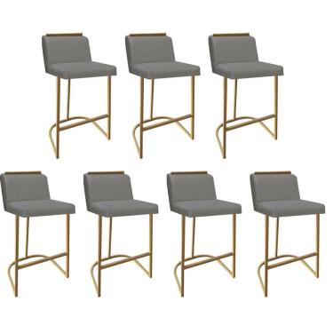 Imagem de Kit 07 Banquetas Com Encosto Confort Bistrô Cozinha Ferro Dourado Linho Cinza Amey Decor