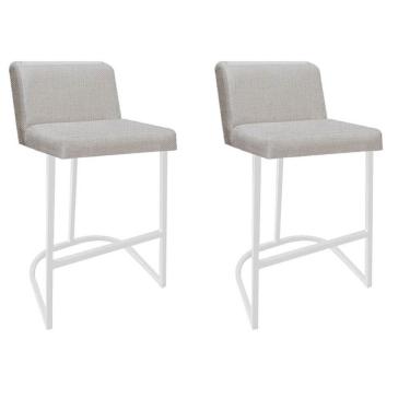 Imagem de Kit 02 Banquetas Com Encosto Nynna Luxo Confort Bistrô Cozinha Ferro Branco Linho Bege - Amey Decor