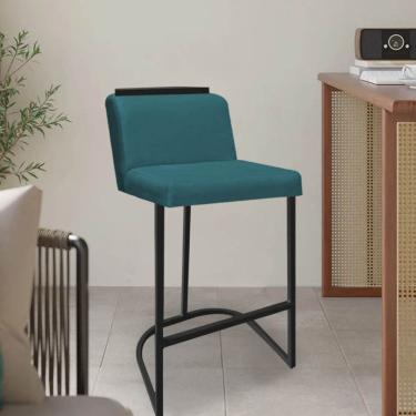 Imagem de Kit 05 Banquetas Com Encosto Confort Bistrô Cozinha Ferro Preto Suede Azul Turquesa Amey Decor