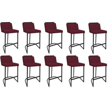 Imagem de Kit 10 Banquetas Com Encosto Nynna Luxo Confort Bistrô Cozinha Ferro Preto Suede Bordô - Amey Decor