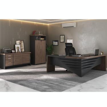 Imagem de Kit 3 Peças Com Mesa Diretor Em L De Tamburato Balcão Com Gavetas E Prateleiras E Armário Multiuso Charuto Preto