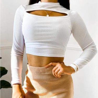 Imagem de Blusa Cropped Gola Alta Decote Vazado Manga Longa Moda Blogueira - Fil