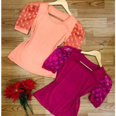 Imagem de Blusa feminina manga curta  tule gola rasa canelada - Filó Modas, g, F