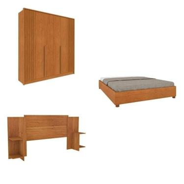 Imagem de Quarto Casal Guarda-roupa 6 Portas Ripado Nova York E Cama Box Queen Mônaco Com Cabeceira Ajustável Cinamomo