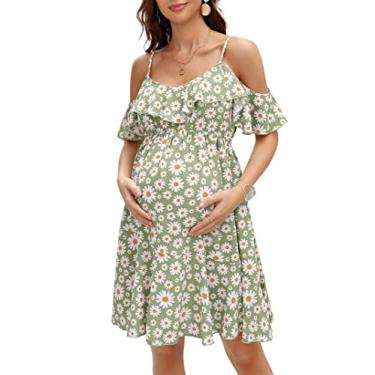 Imagem de Vestido feminino de maternidade com decote em V, alças finas, manga com babados, estampa margarida, evasê, rodado, rodado, Verde, G
