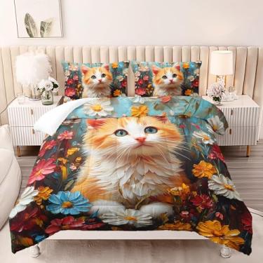 Imagem de AILONEN Conjunto de edredom Kawaii de gato com flores para todas as estações, decoração de quarto de adolescentes, tema rústico, 3 peças, 1 colcha e 2 fronhas