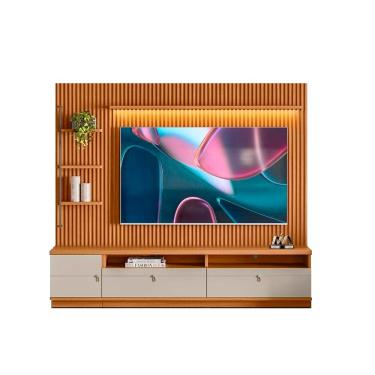 Imagem de Rack Com Painel Ripado Modulado Para TV Até 75 Polegadas Nature Off White Ouro Preto Linea Brasil