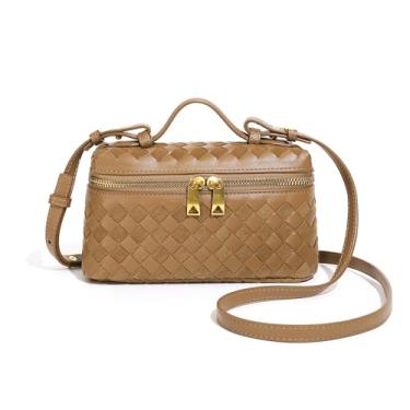 Imagem de Bolsa transversal de couro trançado, mini bolsa com alça superior quadrada, bolsa de ombro feminina, bolsa de ombro fofa, Caqui, Small