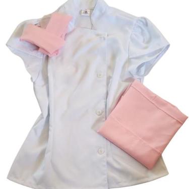 Imagem de Dolma Chef Branco Feminino com Avental Rosa Uniforme Elegante para Gas
