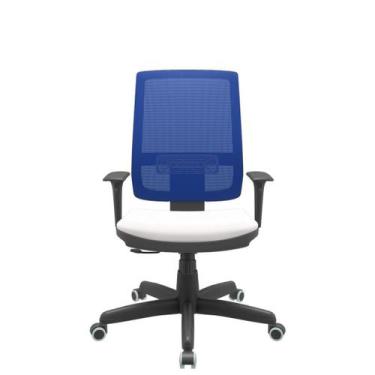 Imagem de Cadeira Office Brizza Tela Azul Assento Vinil Branco RelaxPlax Base St