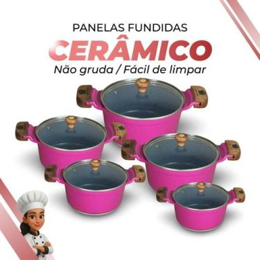 Imagem de Jogo De Panelas Cerâmica Cinza Antiaderente 5 Peças Rosa Tampa De Vidr