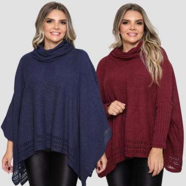 Imagem de Kit 2 Poncho Feminino Tricot Mousse Liso Gola Alta Casaco Lã - Rosilen