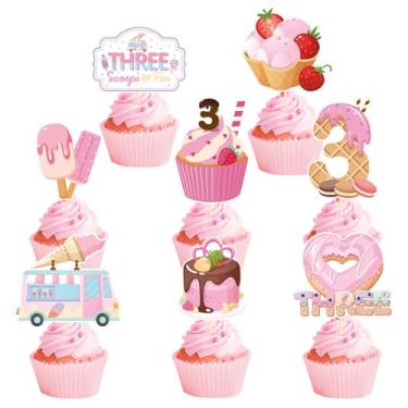 Imagem de Decorações de festa de aniversário de sorvete - Joybileefun 40 peças, três colheres de decorações divertidas de aniversário, enfeites de cupcake, decorações de 3º aniversário para meninas, enfeite de