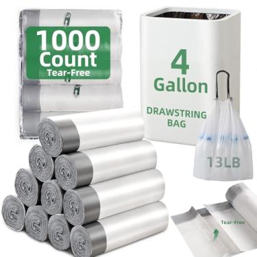 Imagem de Saco de lixo de 1000 contagens de 4 galões pequenos sacos de lixo com cordão, sacos de lixo grossos pré-separados, forros de lixo, adequado para banheiro, cozinha, quarto, escritório (branco)