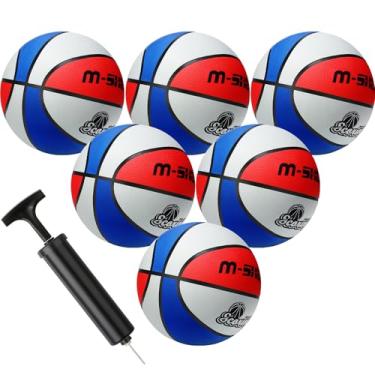 Imagem de 6 bolas de basquete tamanho a granel 5 bolas de basquete de borracha para crianças 79 cm basquete ao ar livre interior bola de cesta oficial juvenil com conjunto de bomba para treinamento de jogos de basquete (elegante, azul, branco, vermelho)