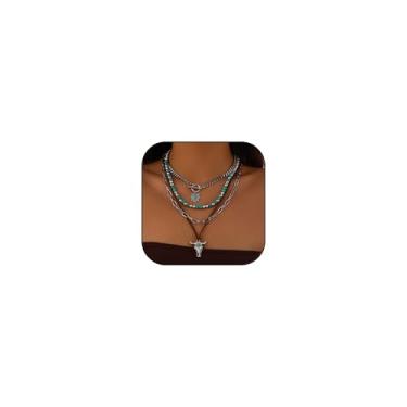 Imagem de Colar feminino turquesa com pingente de cabeça de boi boho colar moderno em camadas de vaca ocidental colares de verão praia joia presente, Large, Metal, Sem Pedra Preciosa
