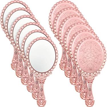 Imagem de Qunclay 12 peças de espelho de mão vintage, 25 cm C x 11,4 cm L pequeno ouro rosa em relevo portátil princesa espelho para sala de aula crianças lembrancinhas de festa de princesa viagem
