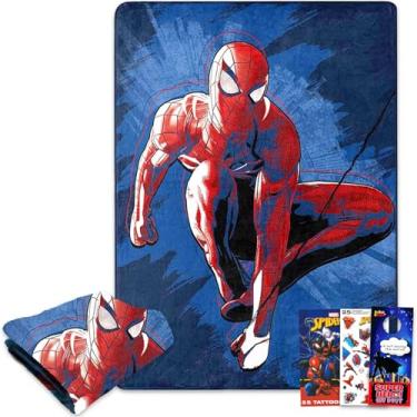 Imagem de Conjunto de cobertor do Homem-Aranha - Pacote com Spider-Man Cobertor, Adesivos, Tatuagens e Mais | Aranha 116 x 152 cm para Crianças