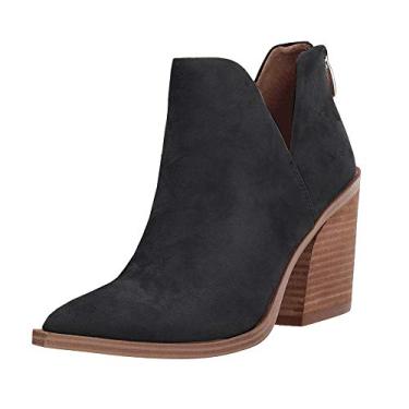 Imagem de Botas femininas de cano curto sem cadarço com bico fino e salto médio grosso da Kathemoi, Black-1, 8