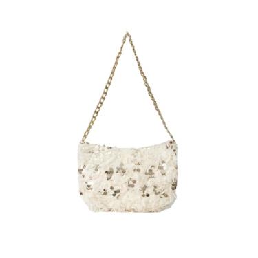 Imagem de MakeMeChic Bolsas femininas de penas falsas com lantejoulas felpudas, bolsas de ombro, alça única, bolsa de festa, Dourado, One Size, Macio