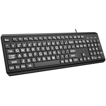 Imagem de Teclado de computador com impressão grande, USB com fio, teclado silencioso de tamanho completo com 4 letras grandes para pessoas com deficiência visual, fácil de ver e digitar para PC, laptop