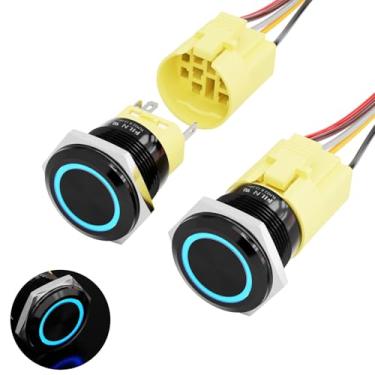 Imagem de FILN Interruptor De Botão Pressão Com Trava 5 A 22 Mm 0,66'', 2 Peças, 12 V Cc, Liga/Desliga, Preto, Banhado Fio Azulado, Plugue Soquete, Autotravamento (Travamento Azul/Preto)