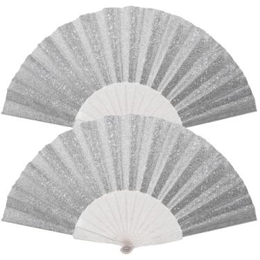 Imagem de Pacote com 2 leques de mão femininos com glitter com nervuras transparentes brilhantes – Ideal para casamento, igreja, festival, dança, festa de formatura, clube e acessórios EDM, prateado